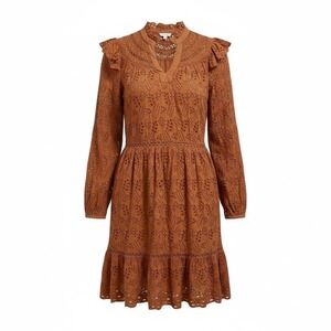 AE77 LARGE Rust/Brown‎ Eyelet Ruffled Boho Country Long Sleeve Dress NWT